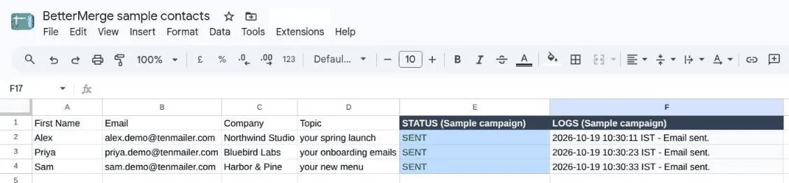 The sample Sheet with STATUS and LOGS columns showing SENT for each row
