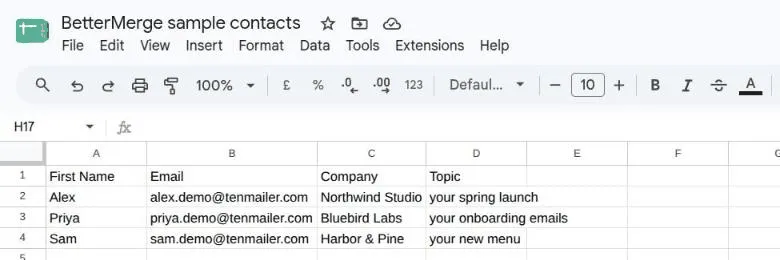 Google Sheet named BetterMerge sample contacts with the columns First Name, Email, Company, and Topic and three sample rows