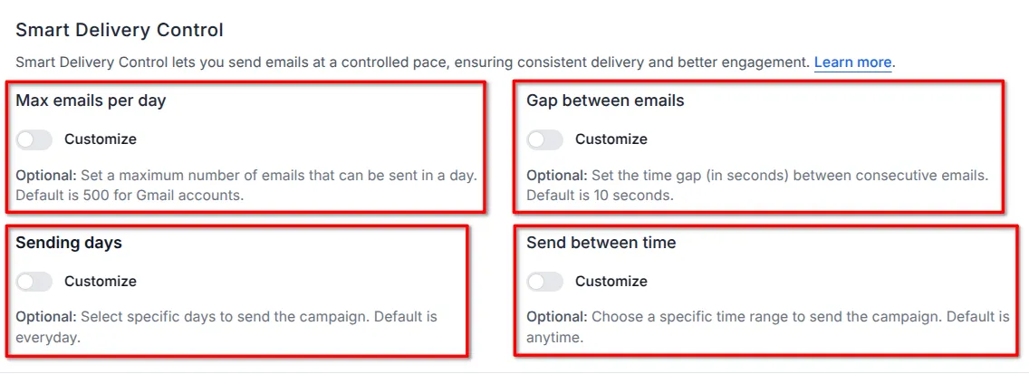 Screenshot of the Delivery Automation section in the campaign editor page.