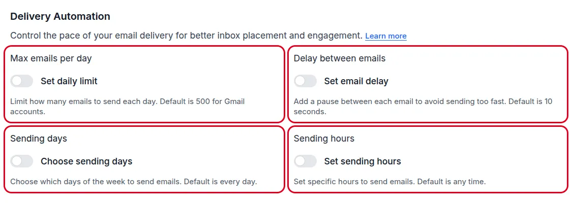 The Delivery Automation section with its four controls: max emails per day, delay between emails, sending days, and sending hours.