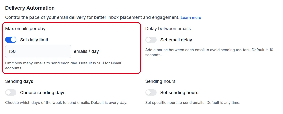Max emails per day set to 150 emails per day.