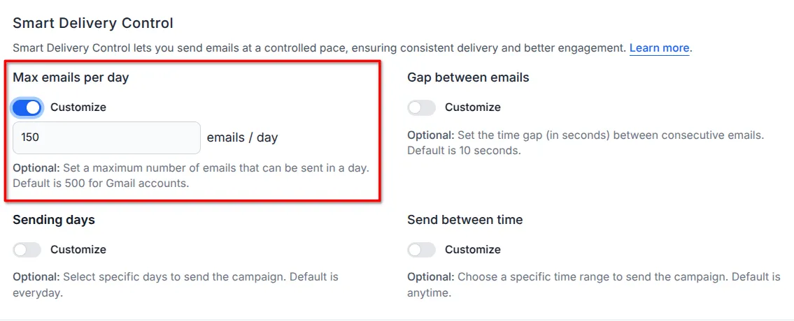 Screenshot of the max emails per day section.