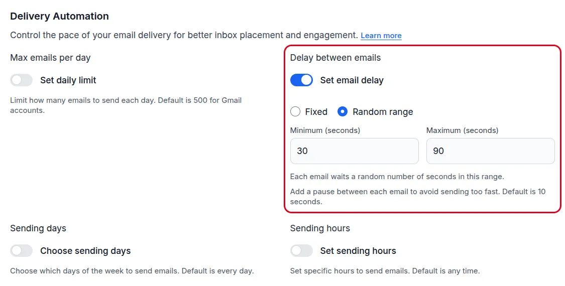 Delay between emails set to a random range of 30 to 90 seconds.