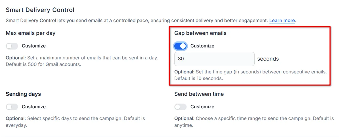 Screenshot of the gap between emails section.