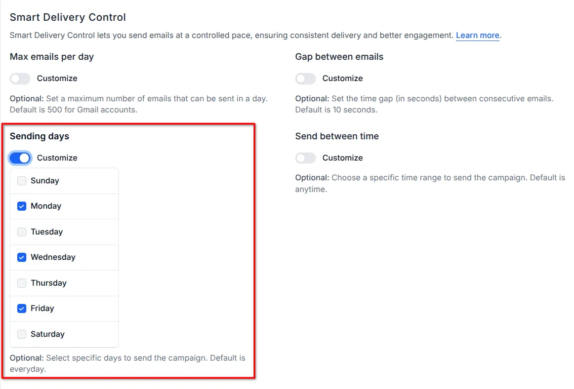 Screenshot of the sending days section.