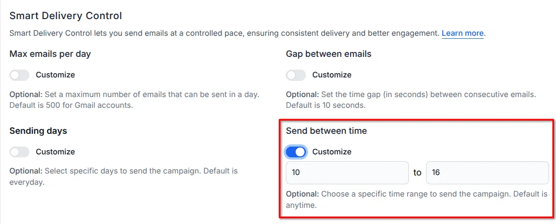 Screenshot of the sending time section.