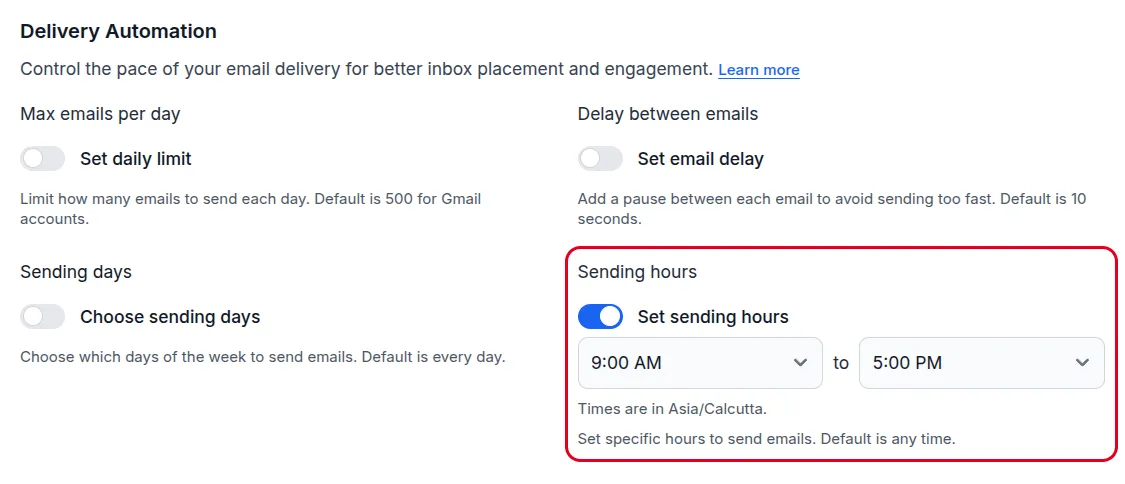 Sending hours set from 9 AM to 5 PM.