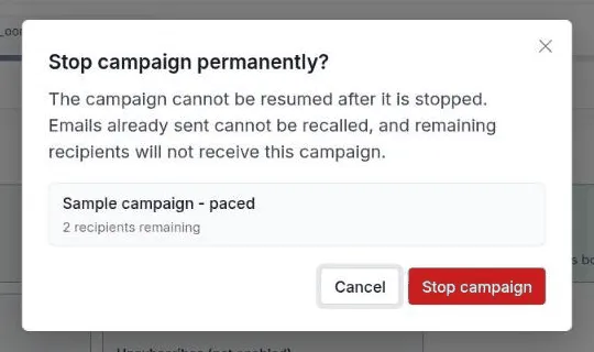 The Stop campaign permanently window showing the campaign name and the number of recipients remaining
