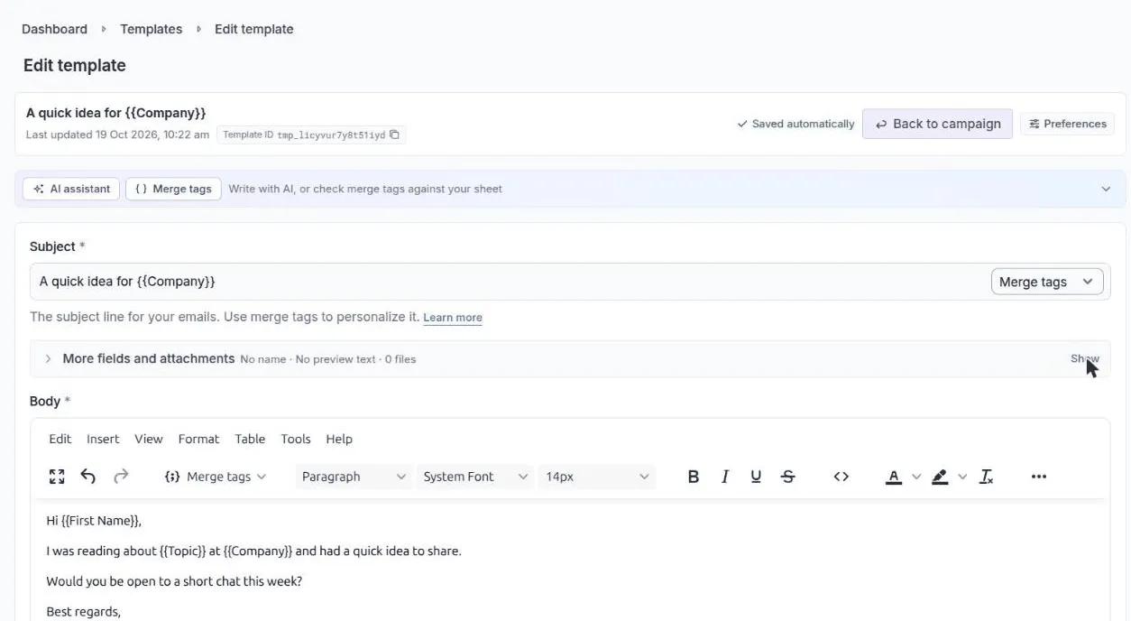 The template editor with Saved automatically in the header