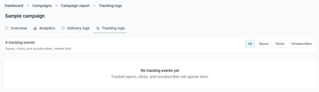 The Tracking logs tab of a campaign report with the All, Opens, Clicks, and Unsubscribes filters and no tracking events yet