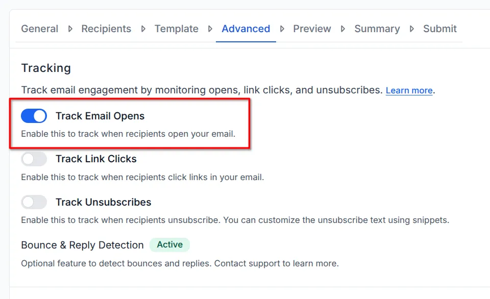 screenshot showing the toggle switch to enable email open tracking.