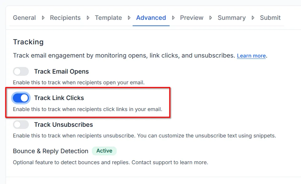 screenshot showing the toggle switch to enable link tracking.
