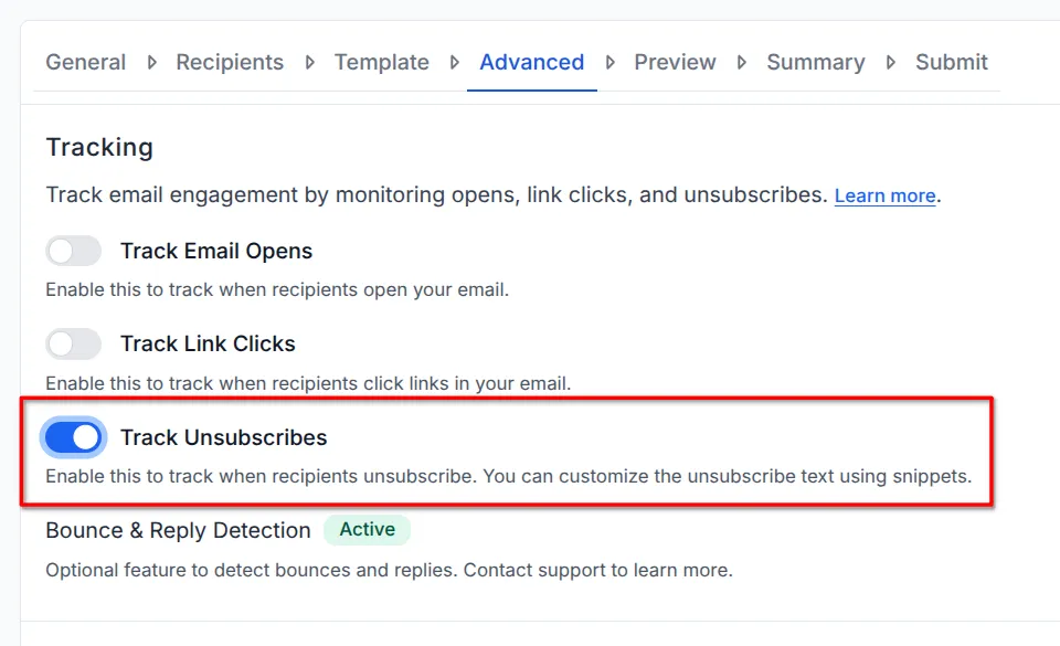 screenshot showing the toggle switch to enable tracking unsubscribes.