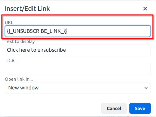 Screenshot showing the special merge tag used as the URL value for the link.