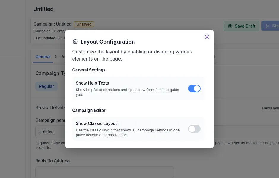Settings dialog in campaign editor