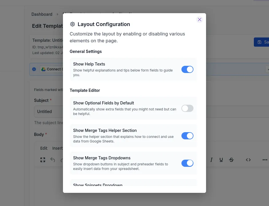 Settings dialog in template editor