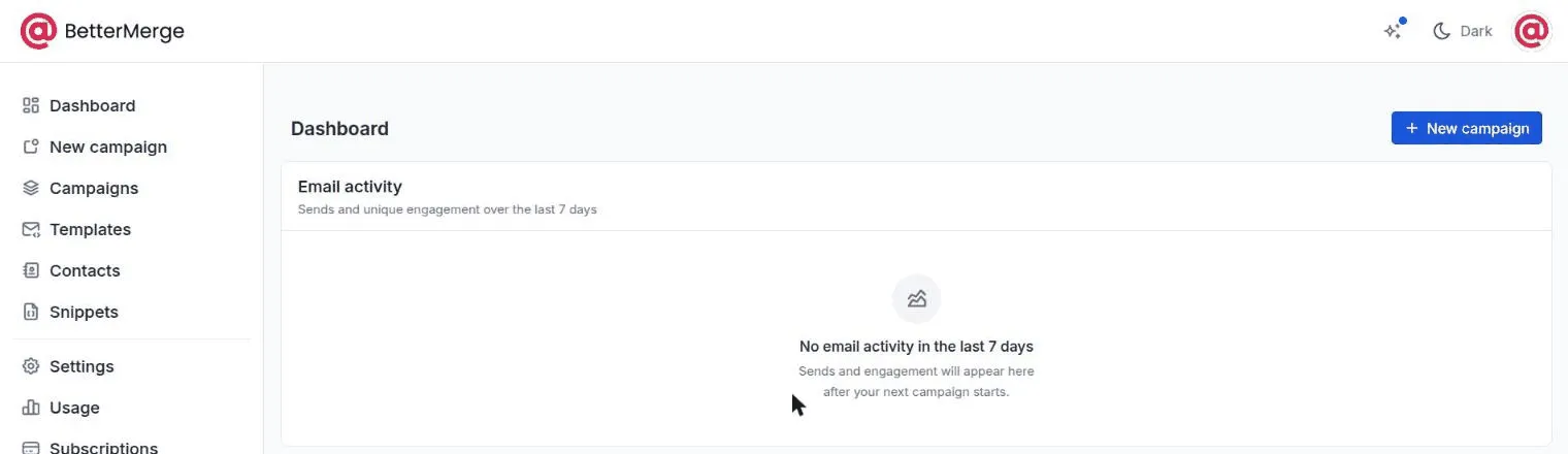 The BetterMerge dashboard with the New campaign button at the top right