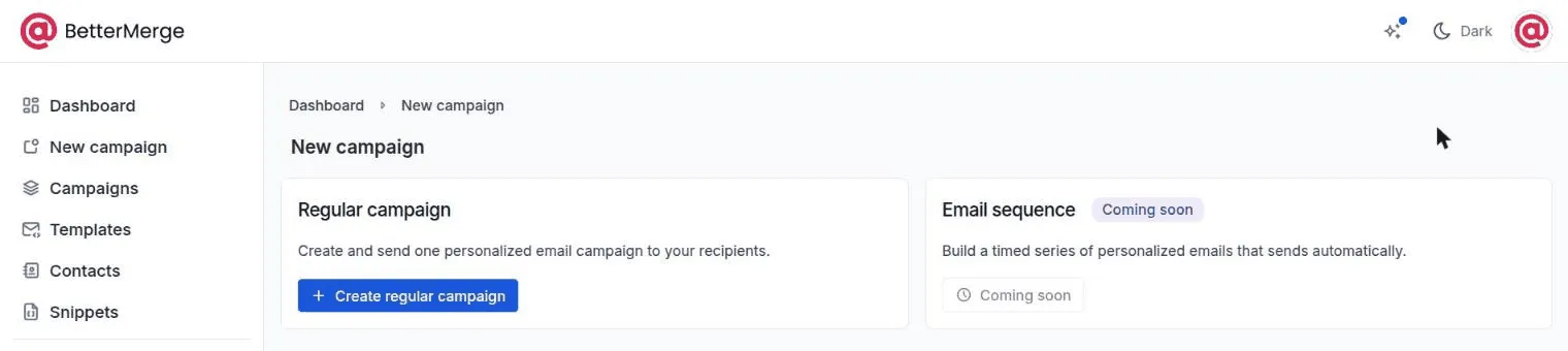The New campaign page with the Create regular campaign button