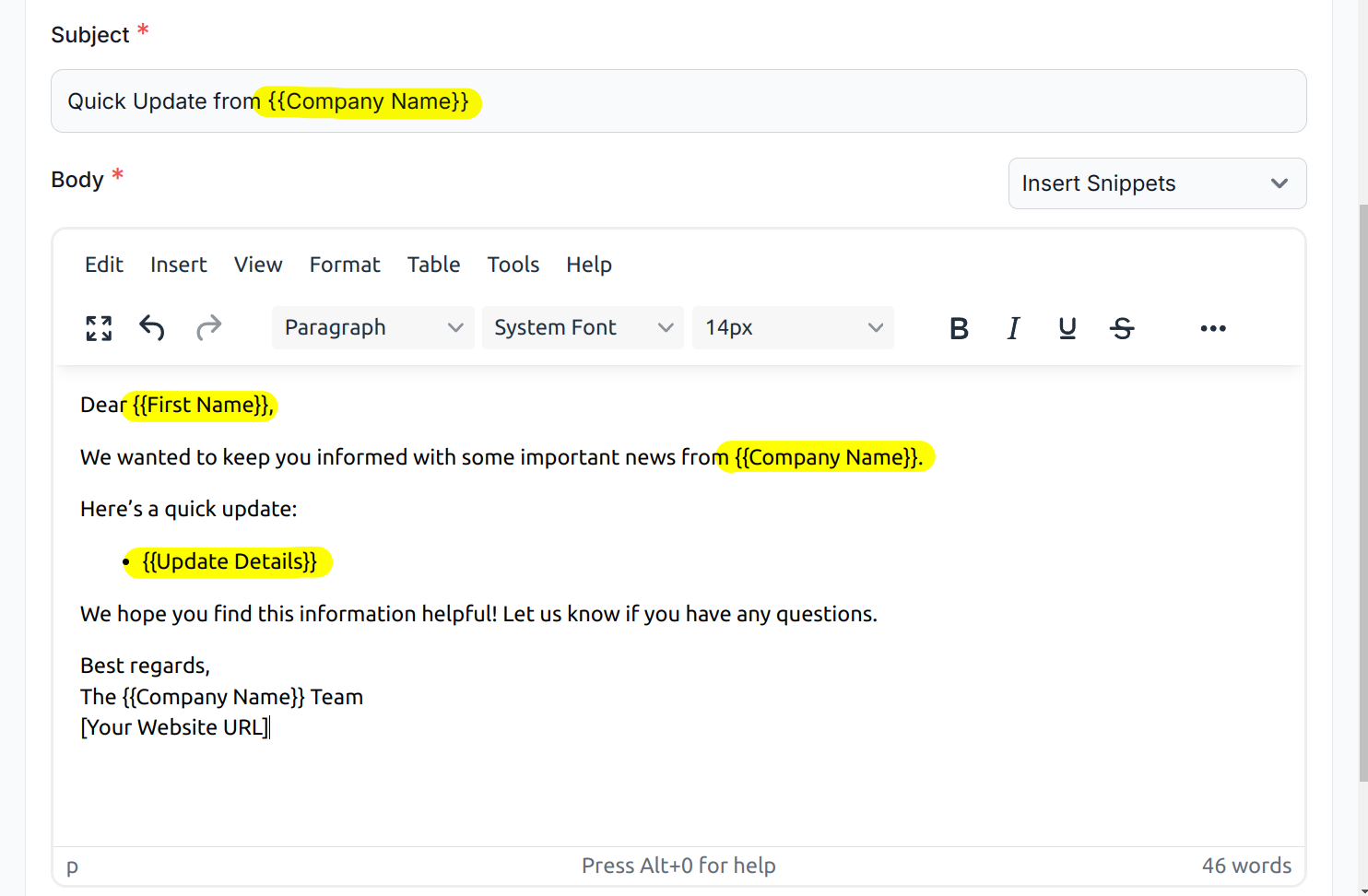 screenshot of an example email template