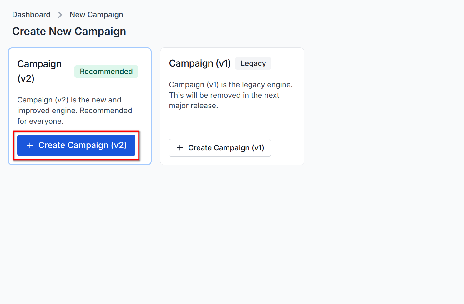 screenshot highlighting the create campaign v2 button