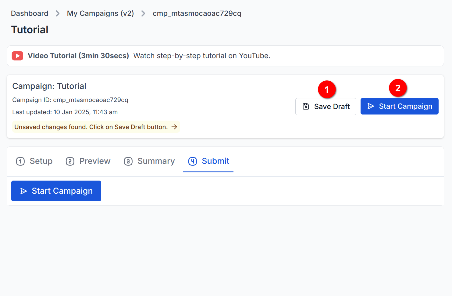 screenshot showing the safe draft and start campaign buttons