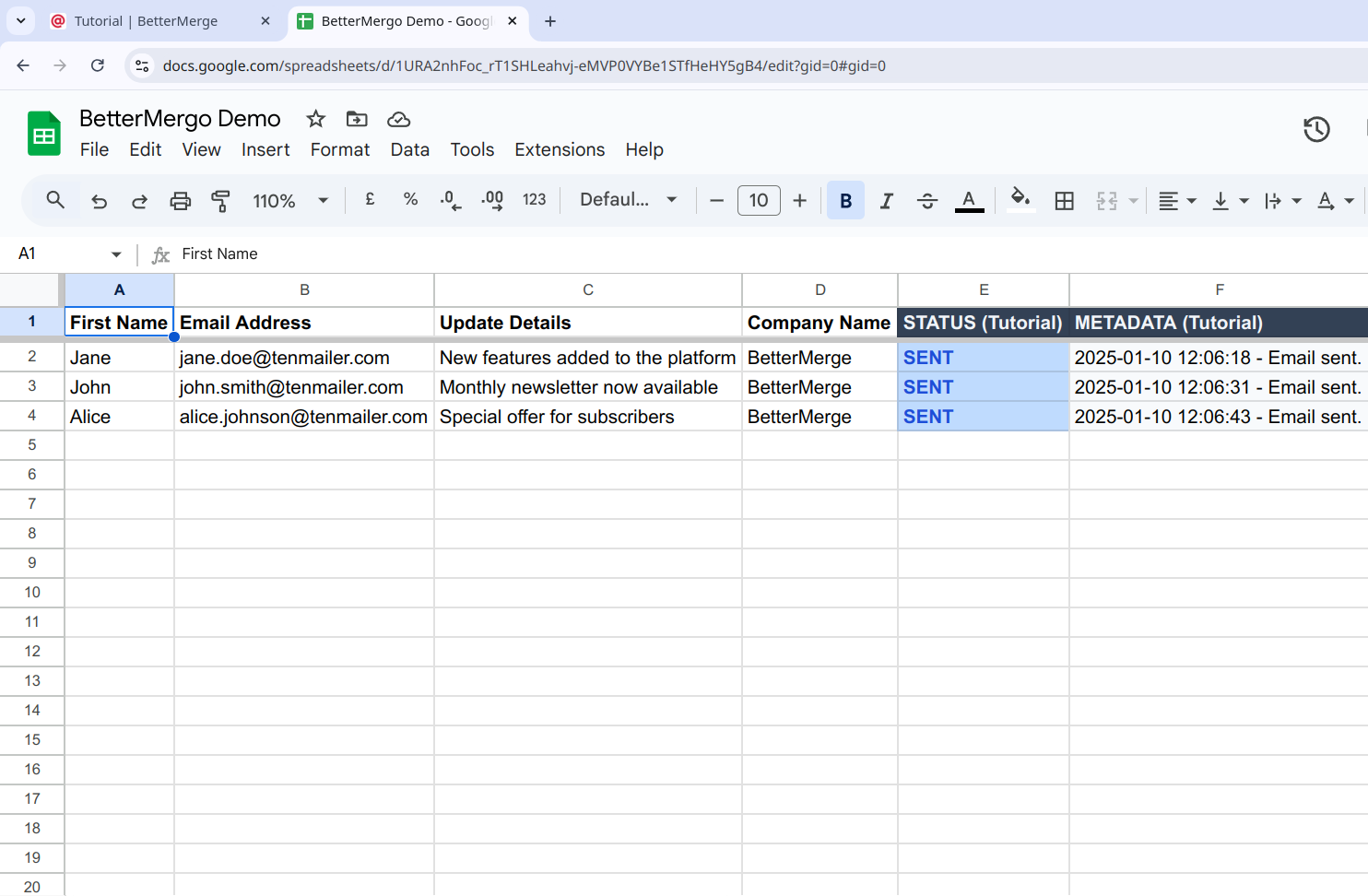 screenshot of email list in google sheet along with additional columns added to show status and metadata