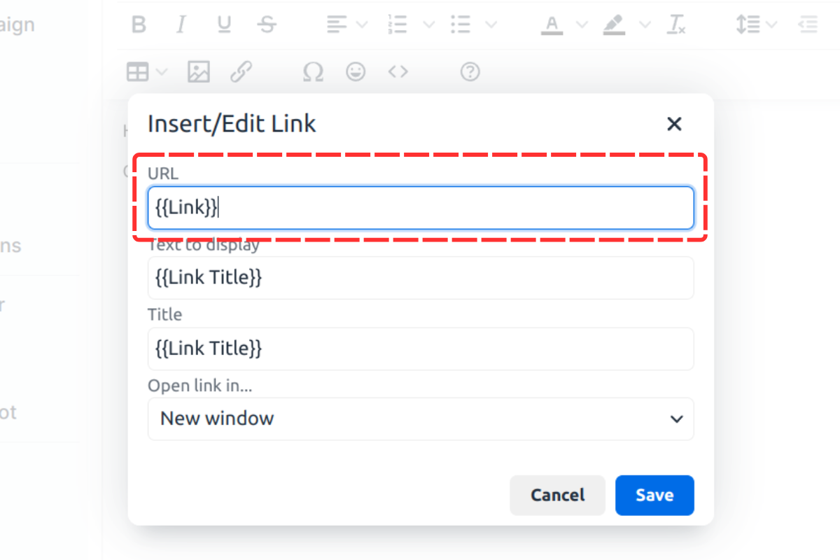 Configuring link settings in the popup dialog