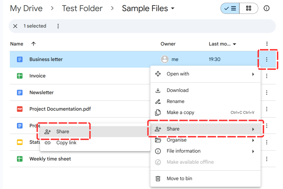 Opening the share dialog in Google Drive