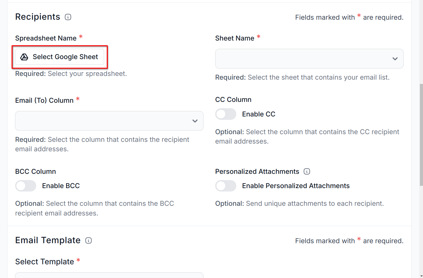 screenshot highlighting the select google sheet button