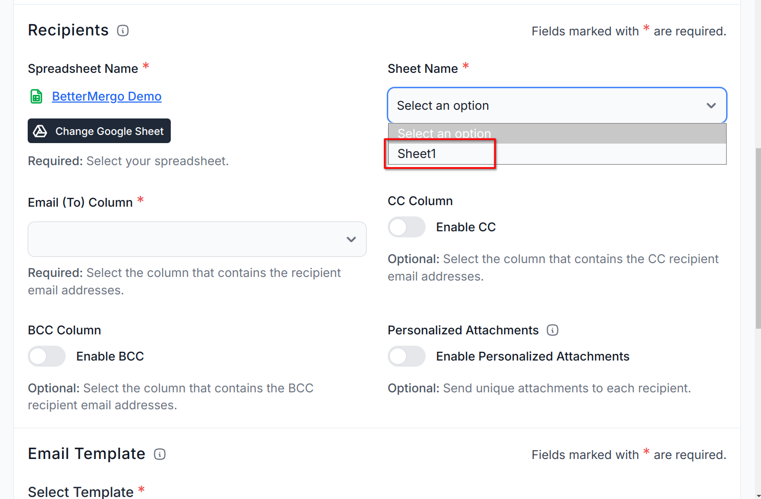 screenshot of dropdown menu for selecting the sheet within the selected Google Sheet