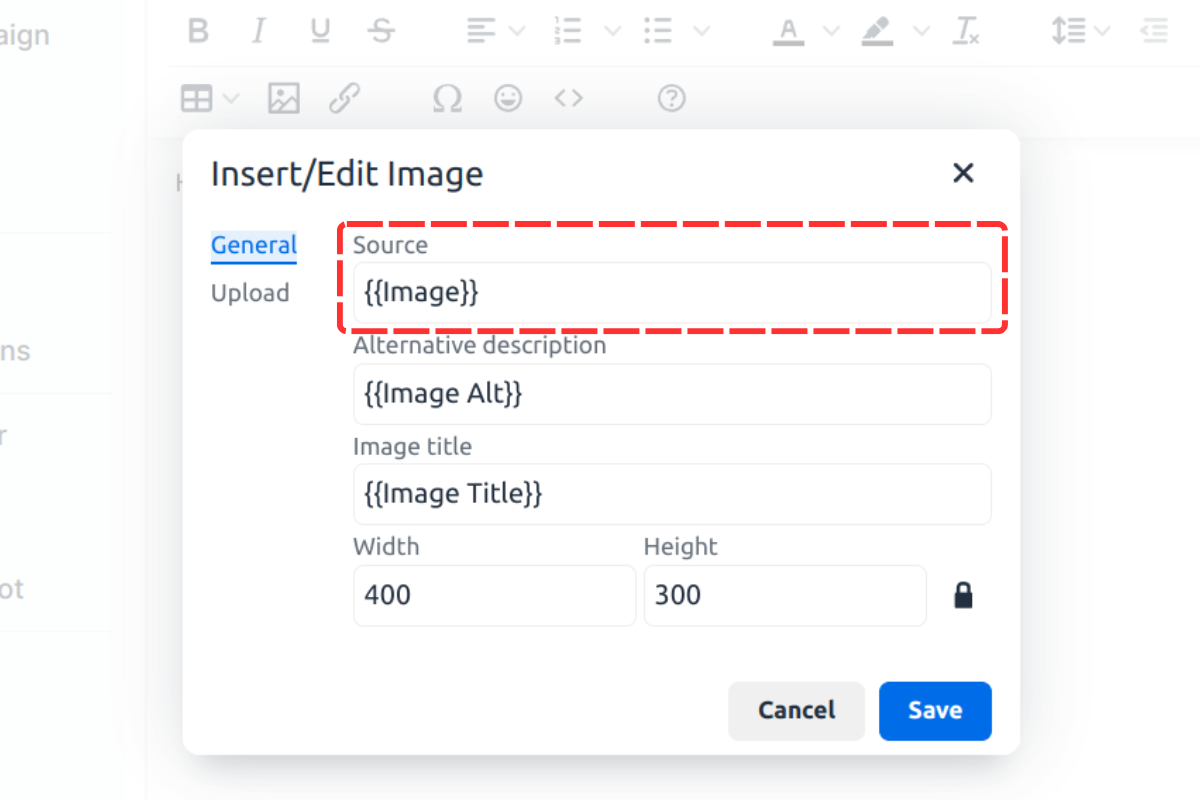 Configuring image settings in the popup dialog