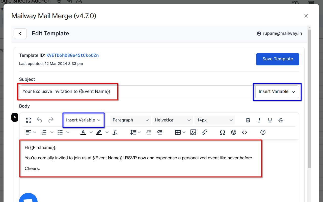 screenshot showing the email template editor page interface options