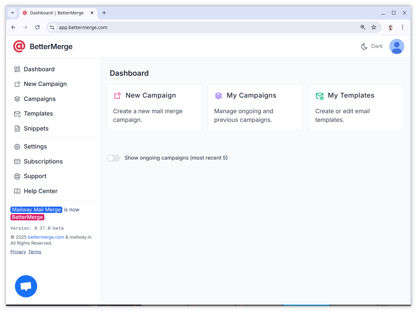 Web dashboard homepage showing various features and options