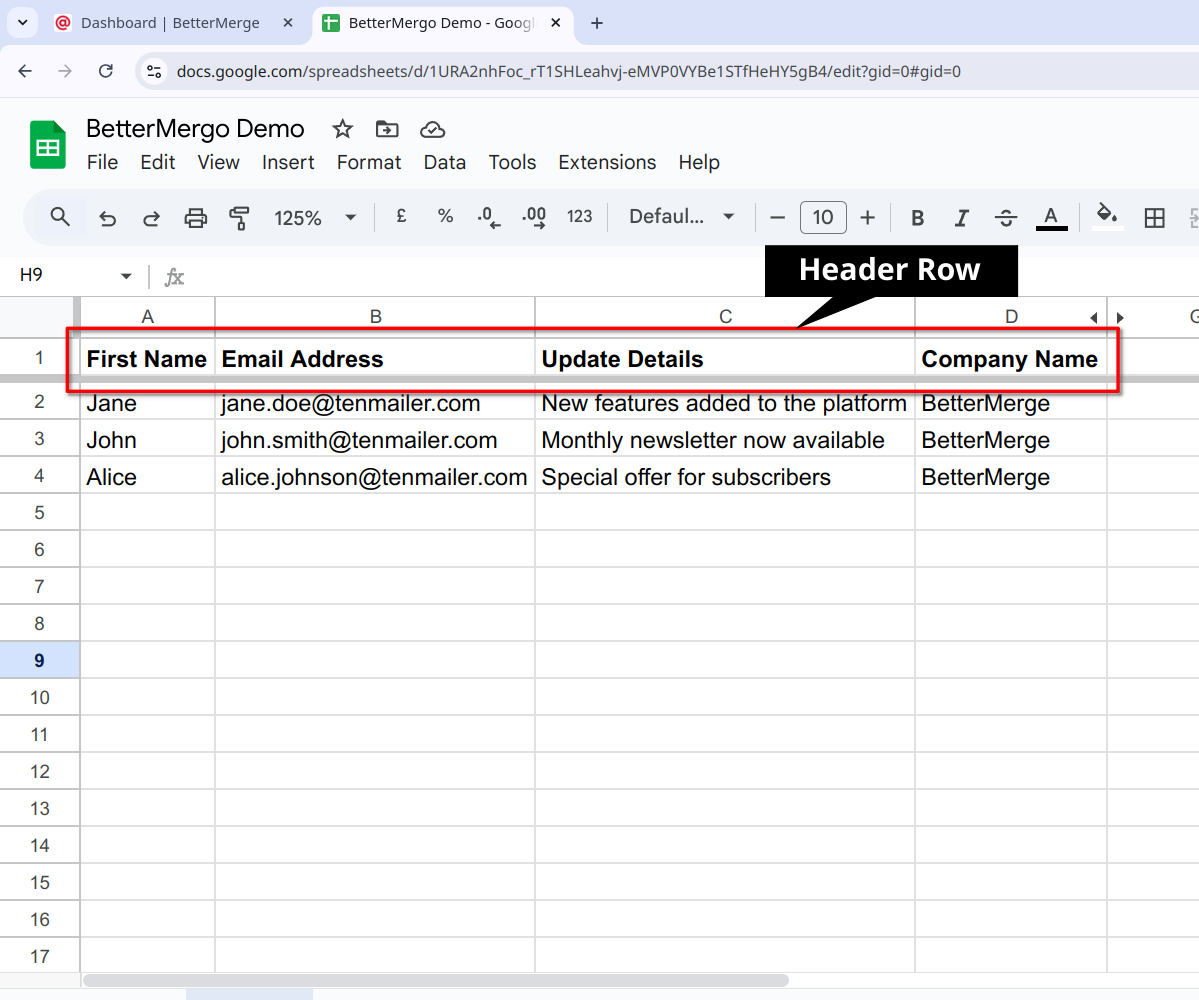 screenshot of an example contact list in Google Sheets