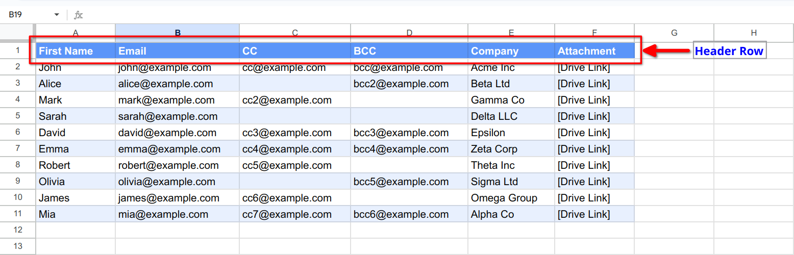 A sample contact list in google sheets with first row highlighted as the header row.