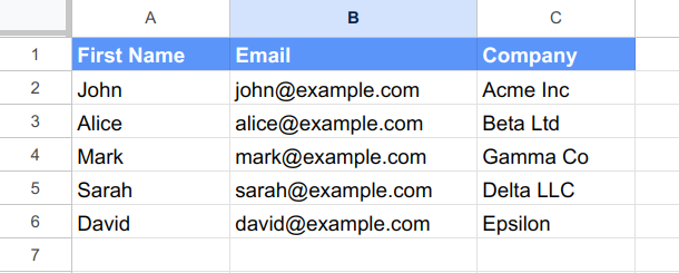 A sample contact list in google sheets.