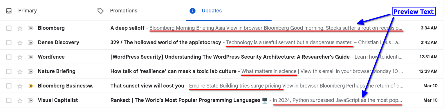 Screenshot of a Gmail inbox showing the preview text in action.