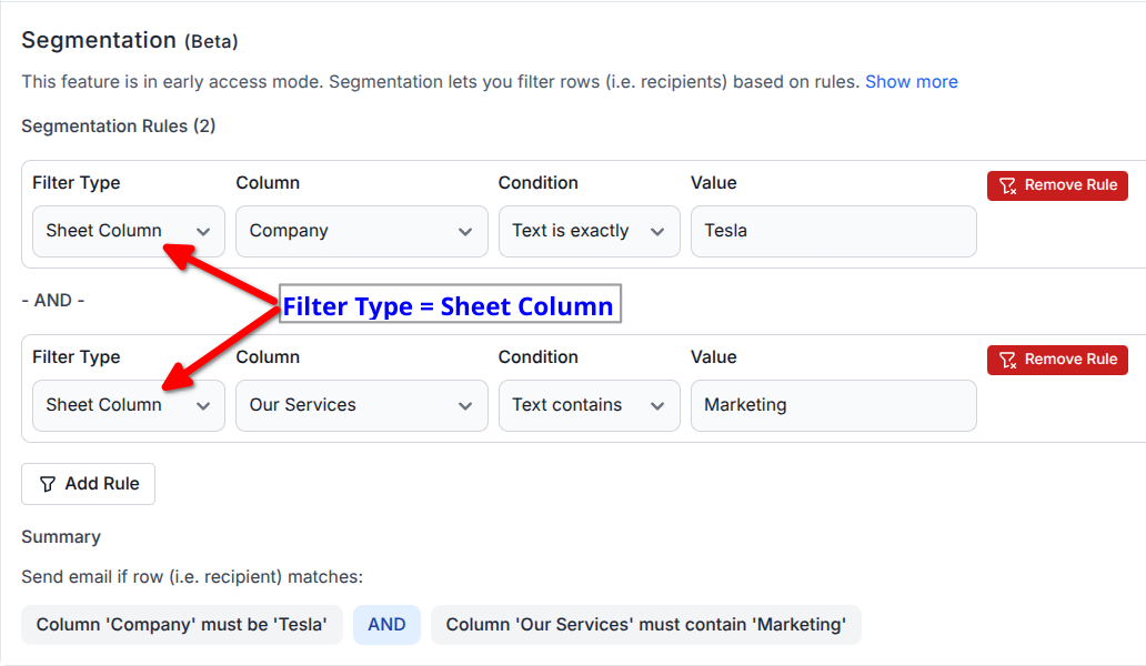 Example of segmentation rules with filter type set to sheet column.