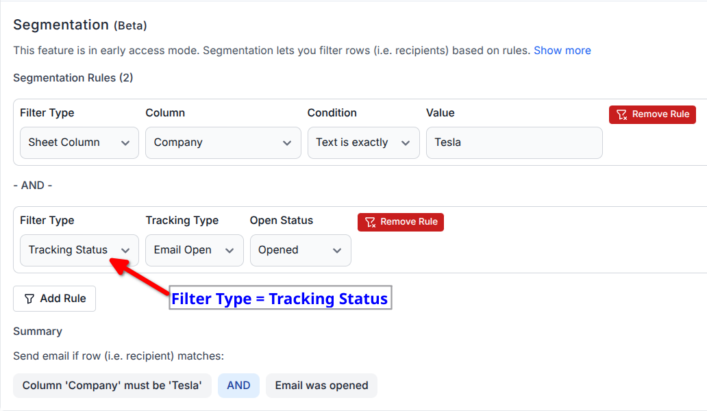 Example of segmentation rules with filter type set to tracking status.