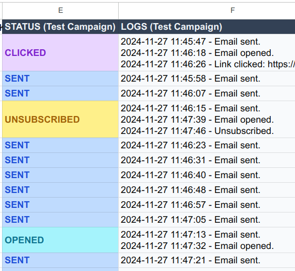 Example of the status and logs columns in google sheet.